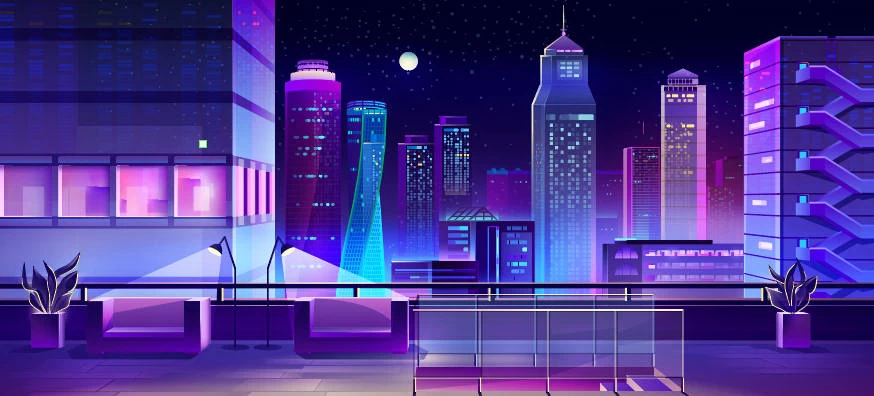 未来科技科幻霓虹灯渐变绚丽城市建筑夜景灯光插画AI/PSD设计素材100套【040】